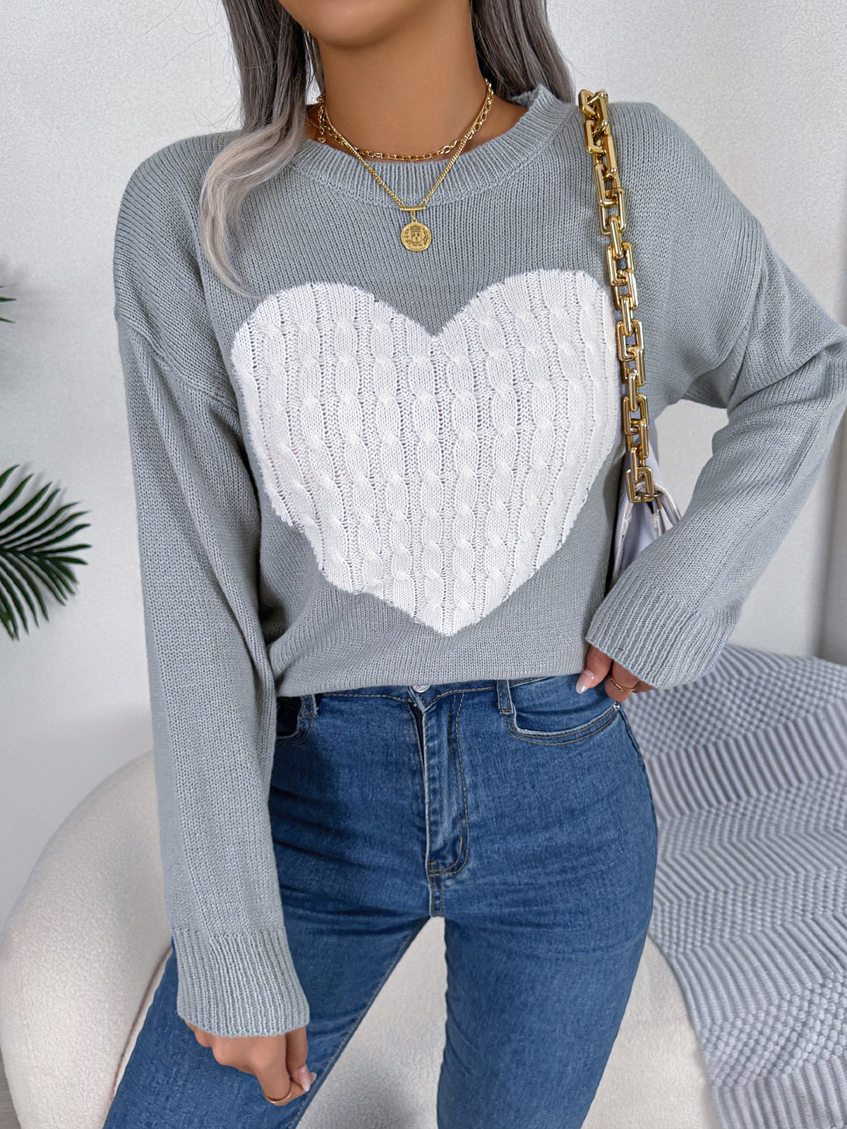 Women Cable Knit Heart Long Sleeve Pullover Sweater
