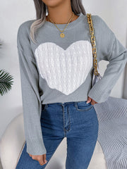 Women Cable Knit Heart Long Sleeve Pullover Sweater