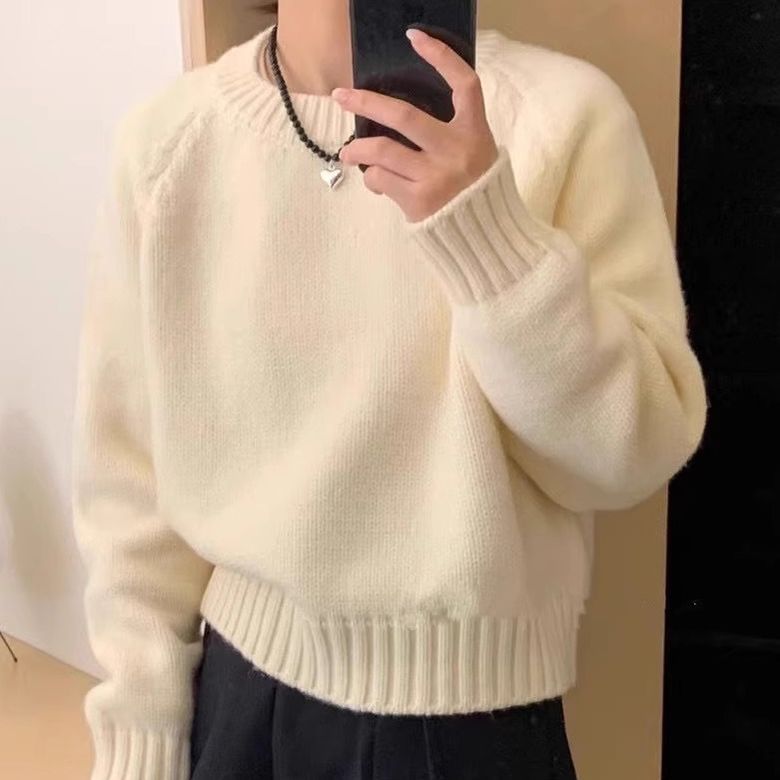 Womens Relaxed-fit Simple Crew-neck Long-sleeve Sweater