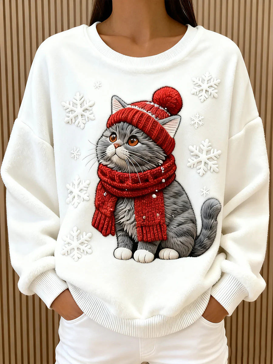3d Digital Printed Flannel Christmas Women's Crew-neck Sweater