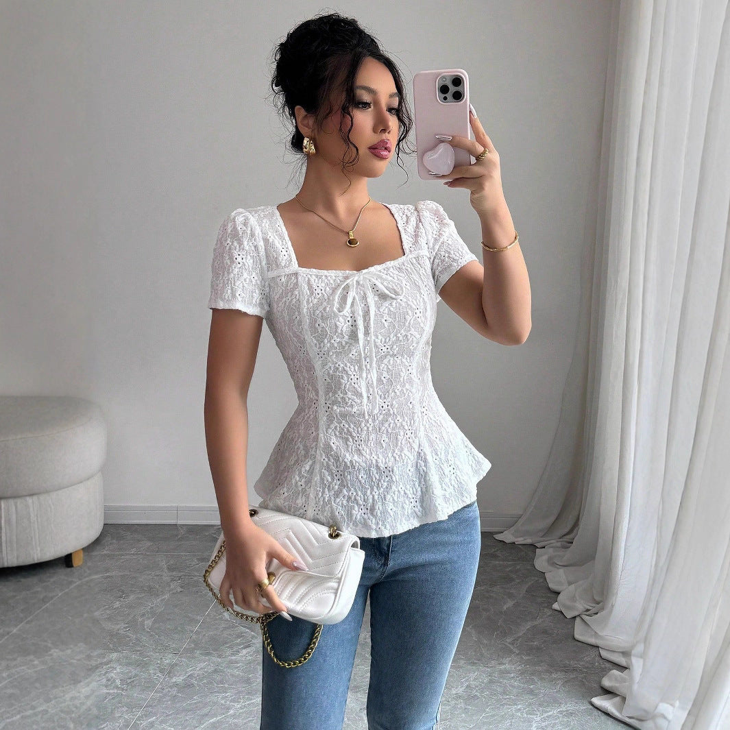 Lace Blouse with Bow Tie Short Sleeves – Elegant Square Neck