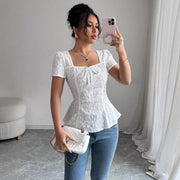 Lace Blouse with Bow Tie Short Sleeves – Elegant Square Neck