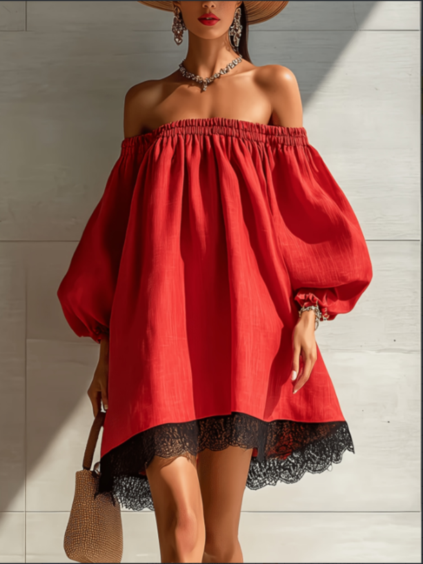 One Shoulder Bubble Sleeve Black Lace Patchwork Red Short Dress