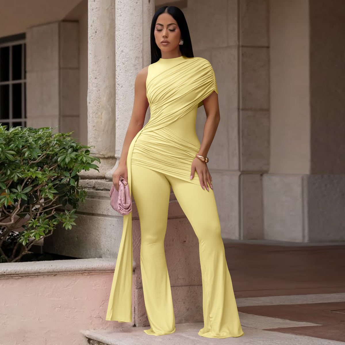 Sexy Crew-Neck Pleated Ribbon Flare Jumpsuit