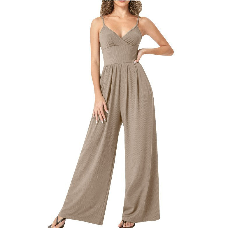Casual Solid Color Straight Strap Jumpsuit