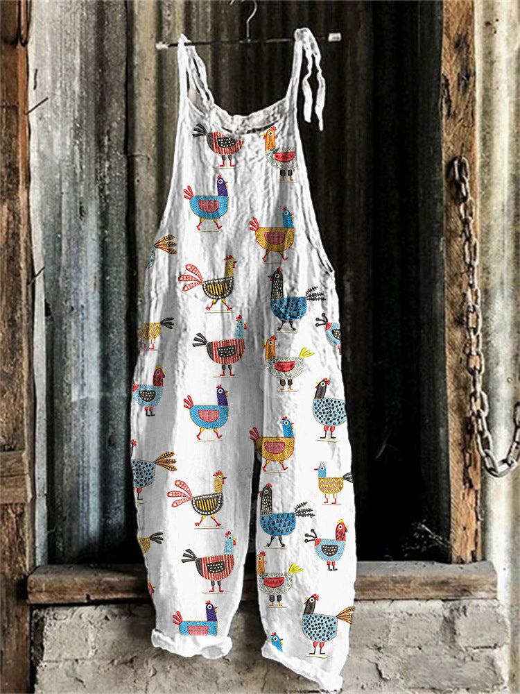 Vintage Sweet Print Loose Suspender Pants for Women