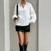 Women's Casual Collar Half Checkered Long Sleeved Shirt