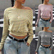 Striped Crew-Neck Long Sleeve Top – Waist-Cinched, Chic & Versatile