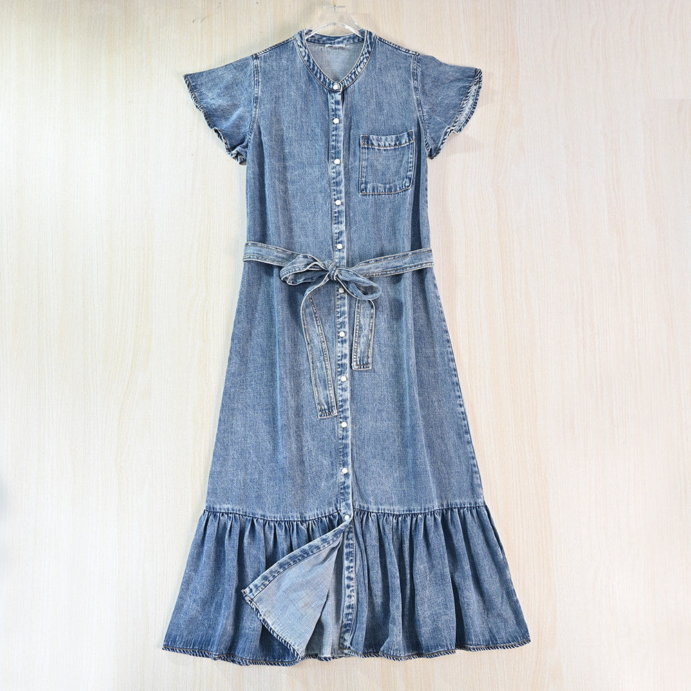 Womens Washed Denim Dress with Stand Collar