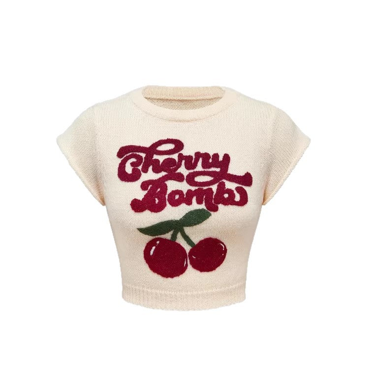 Cherry Knitted Sweater Crew Neck, Loose-fit Top