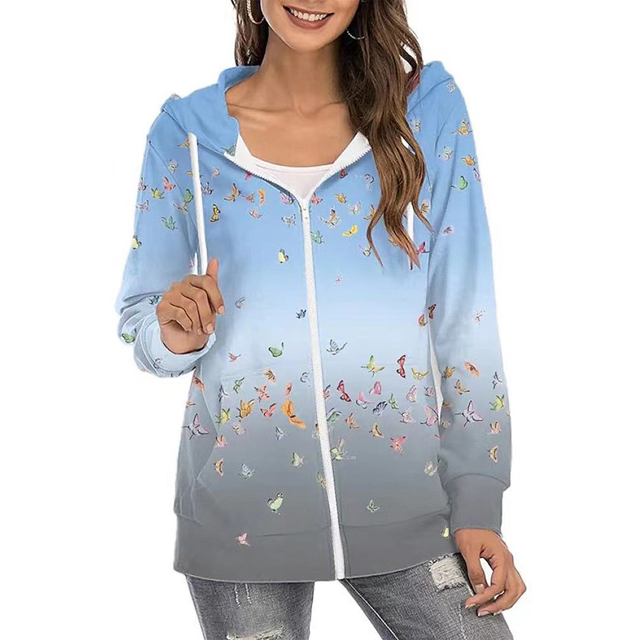 Women's Gradient Floral Print Zipper Commuter Hoodie
