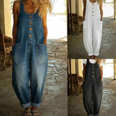 Retro Multi-Pocket Casual Buckle Jumpsuit