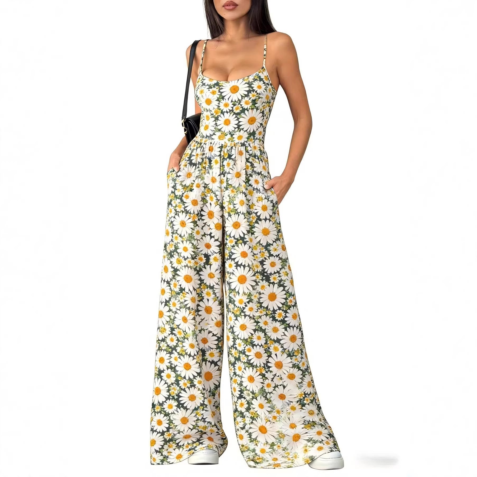 Women's Backless Strappy Printed Wide-Leg Jumpsuit