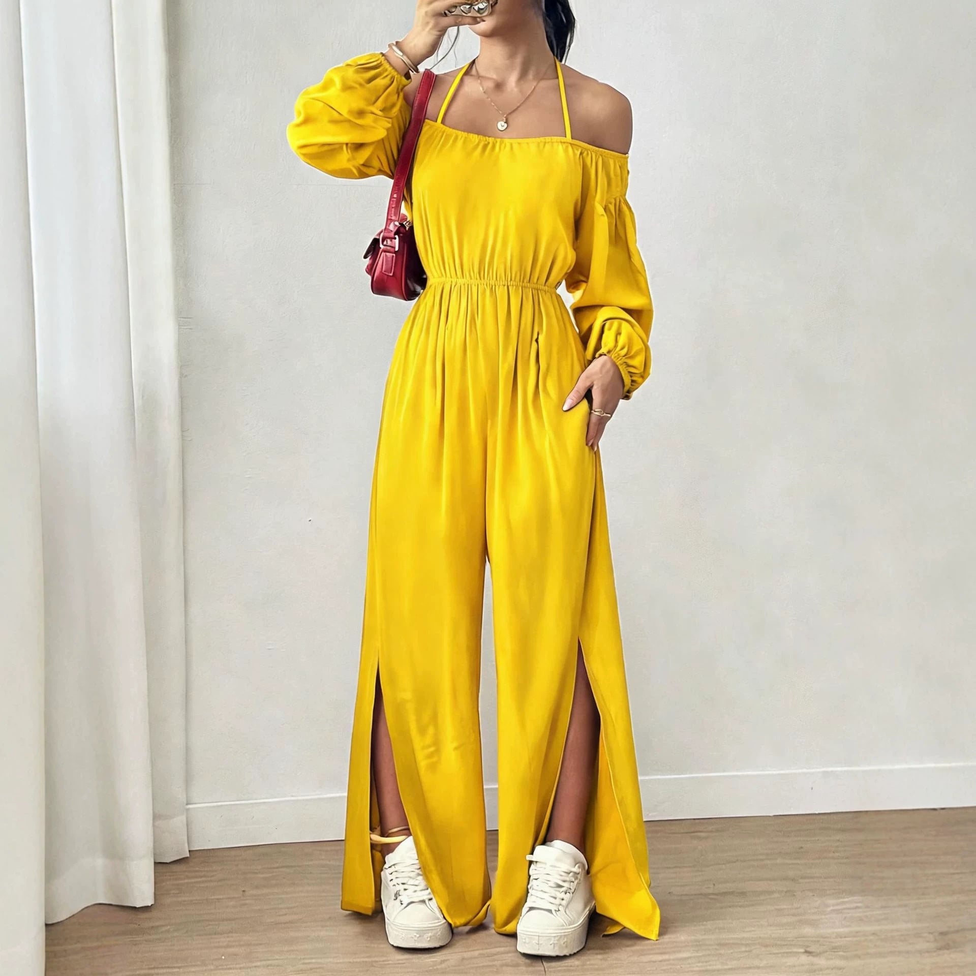 Women's Casual Strapless Slit Wide-Leg Jumpsuit