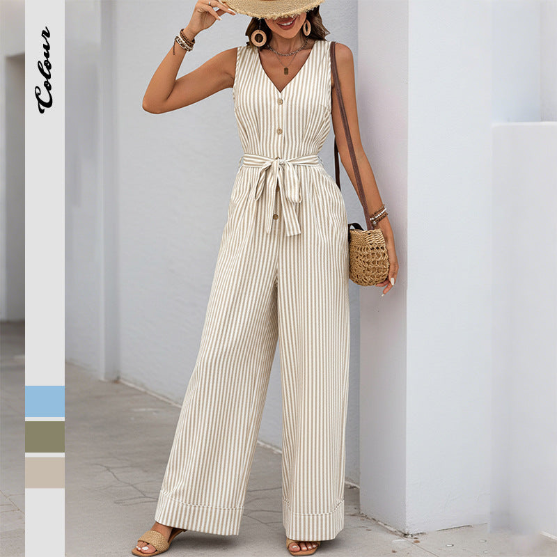 Women's Casual V-Neck Striped Sleeveless Jumpsuit