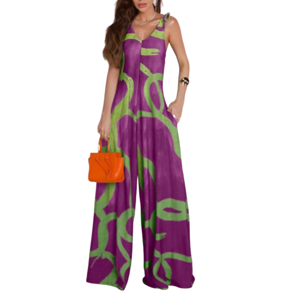 Boho Printed V-Neck Wide-Leg Romper with Pockets