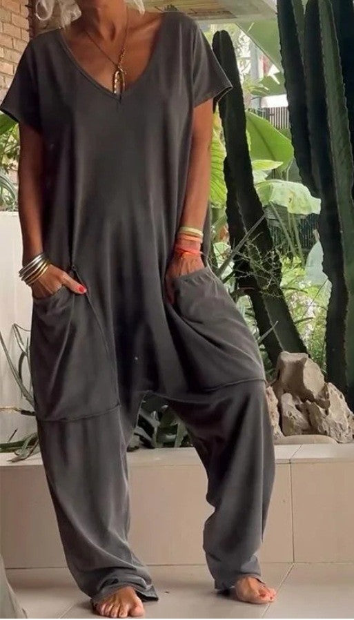 Oversized V-Neck Pocket Jumpsuit Casual Romper