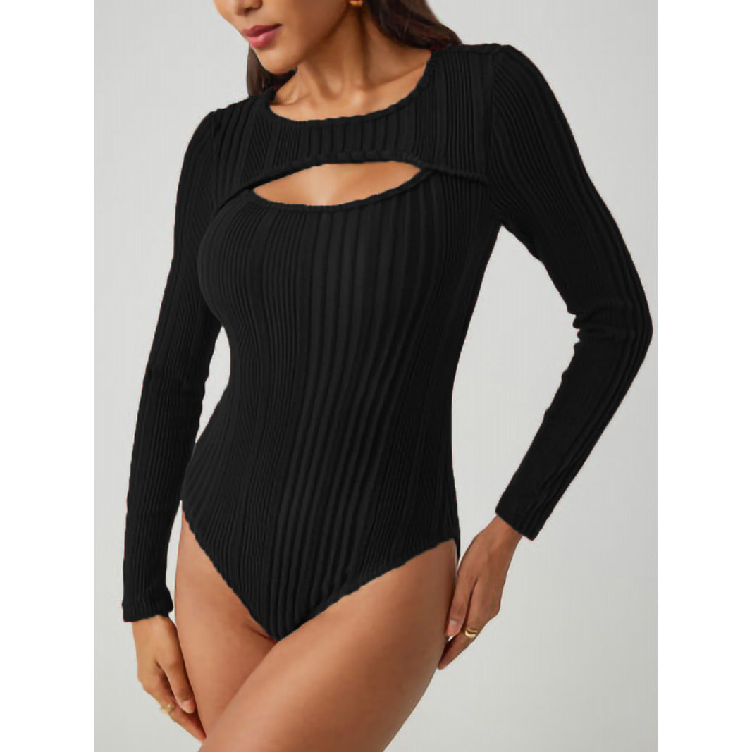 Ribbed Hollow-Out Long Sleeve Slim Romper