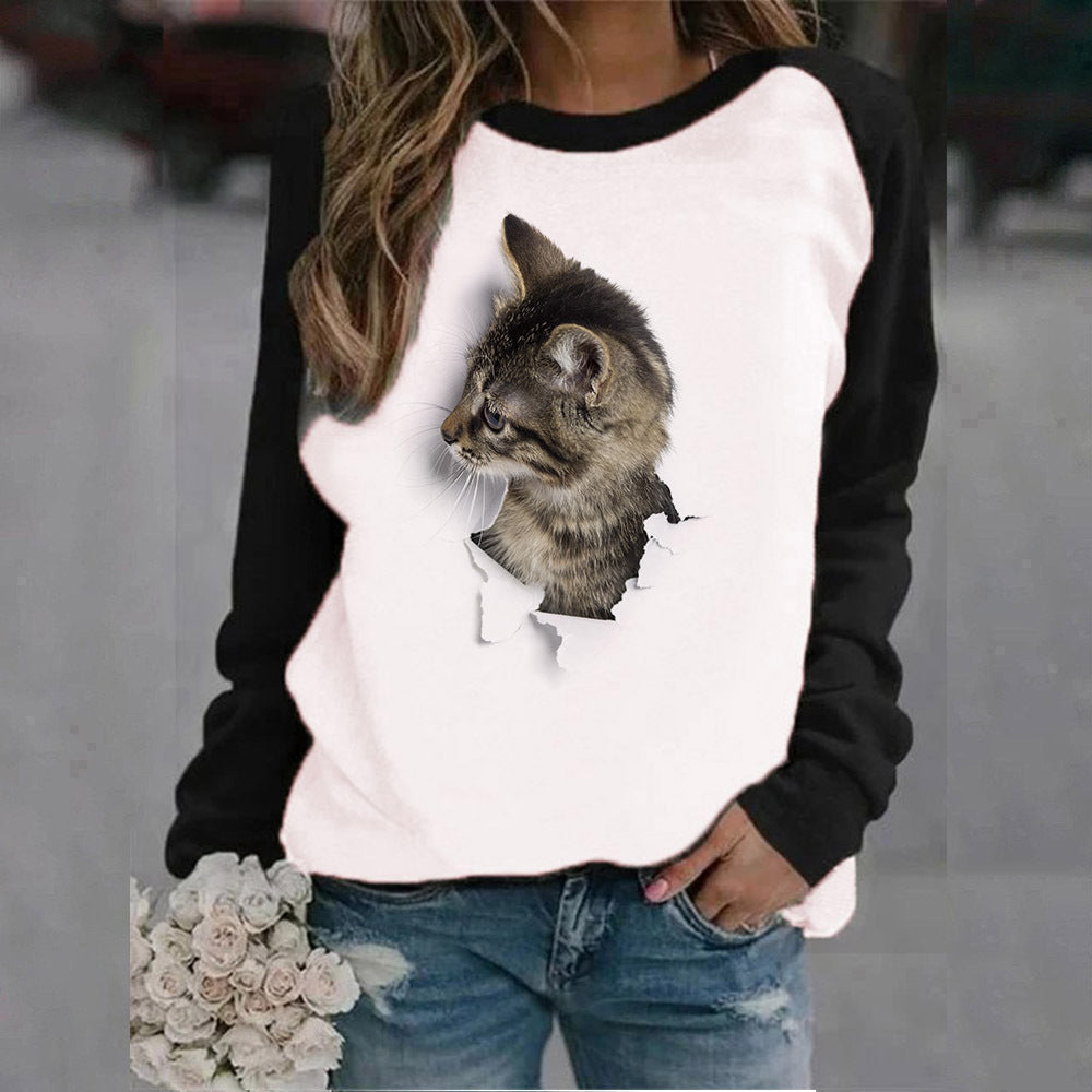 Cute Animal Print Crew Neck Sweatshirt for Women