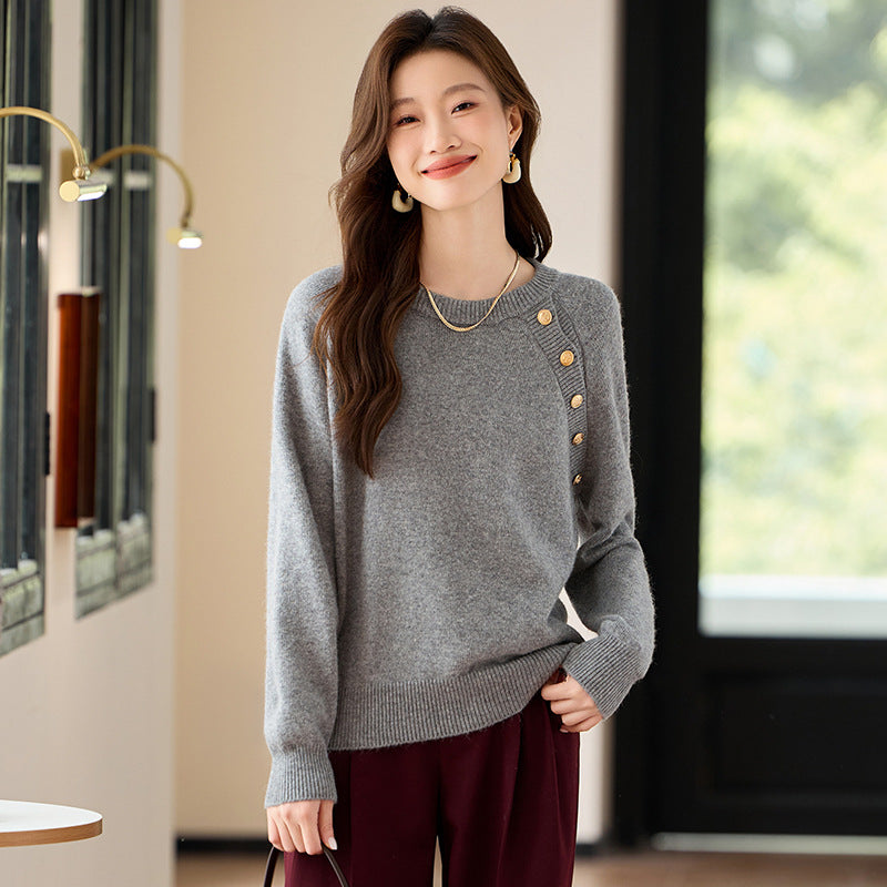 French Style Gold Buckle Design Sense Lazy and Loose Knitwear Sweater