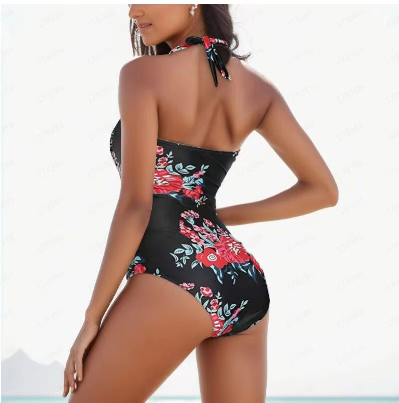 Retro Floral Backless Pleated One-Piece Swimsuit