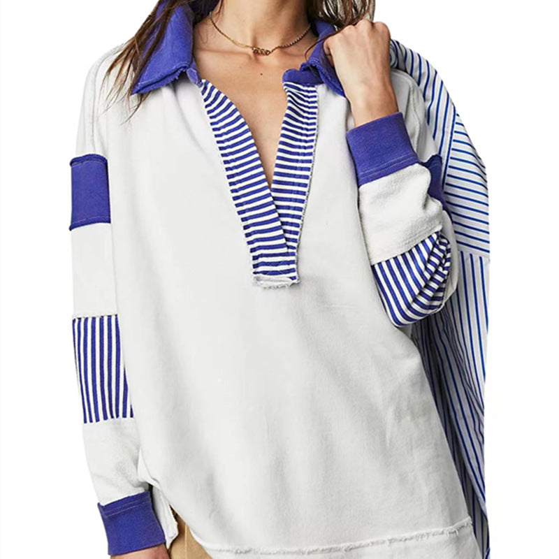 Chic V-Neck Colorblock Long Sleeve Split Hem Casual Sweater