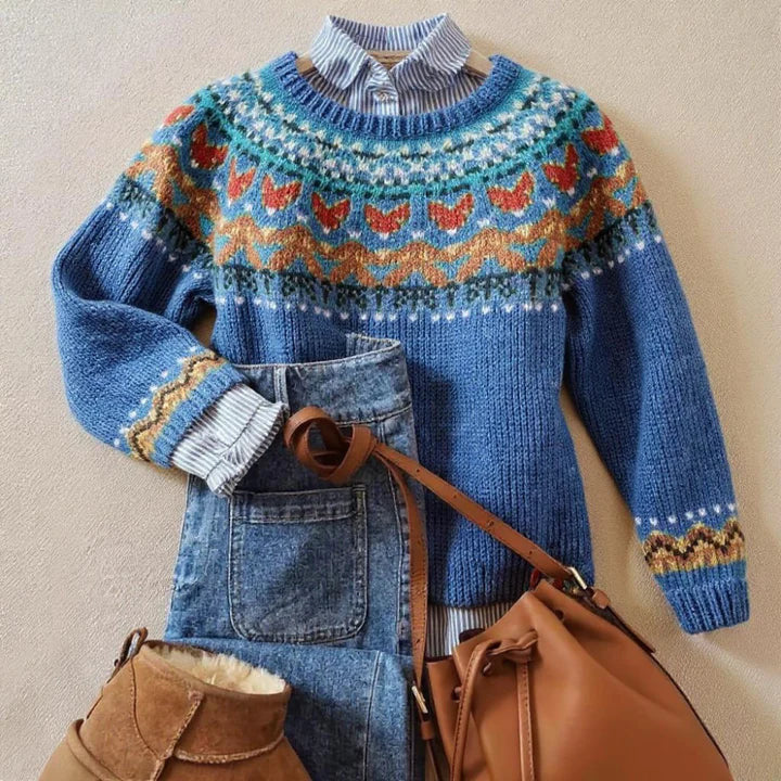 Retro Crew-neck Knit Sweater From Europe and the Us Casual Relaxed Fit Color-block Long-sleeve Pullover