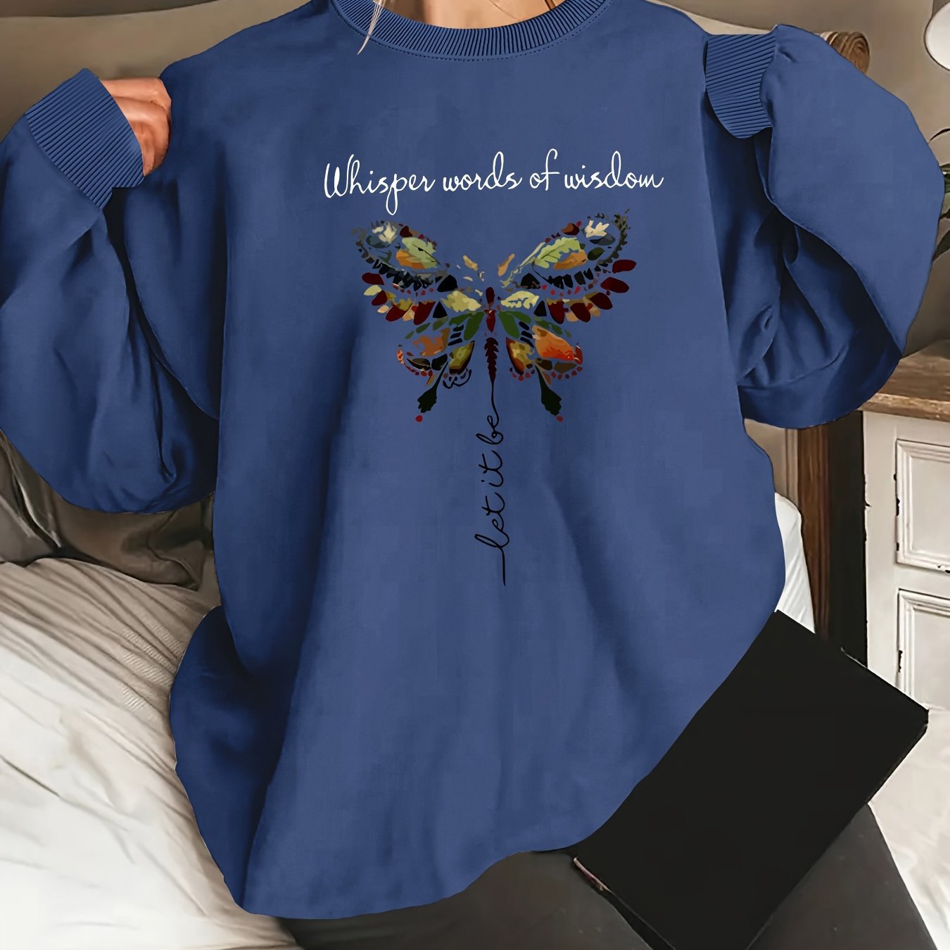 Women's Oversized Butterfly Graphic Long Sleeve Sweatshirt, Round Neck, Casual, Machine Washable