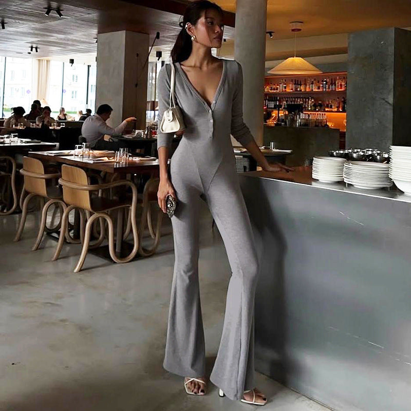 High-Waist Flared Long-Sleeve V-Neck Jumpsuit