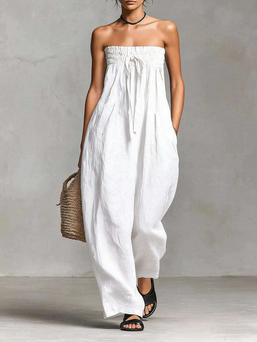 Women's Strapless Ruched Jumpsuit Summer Fashion Tie-up Loose Straight-leg Jumpsuit