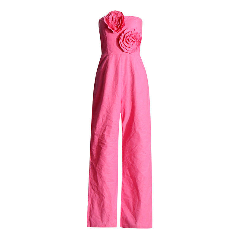 Stitching Flower Tube Top High Waist Slimming And Wide Leg Jumpsuit