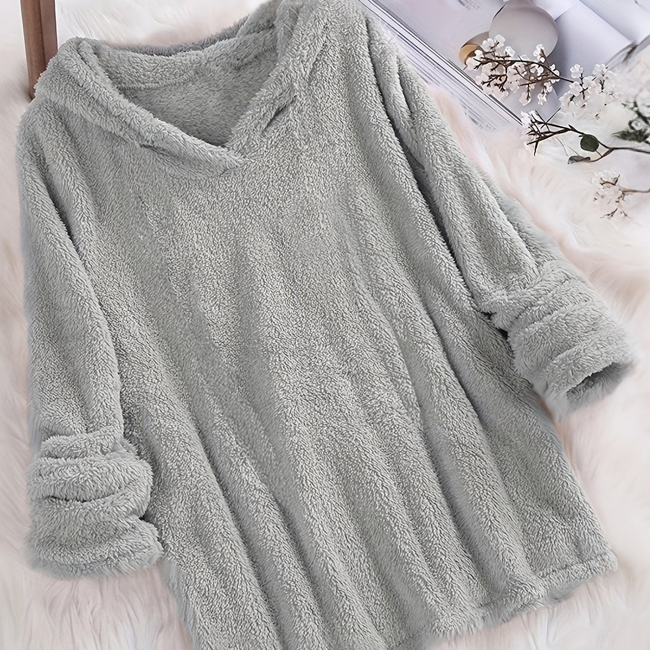 Plus Size Women's Solid Color Long Sleeve Hooded Fleece-Lined Plush Sweatshirt