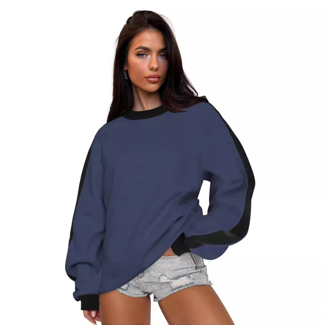 Women's Contrast Color Loose Round Neck Long-Sleeve Sweater