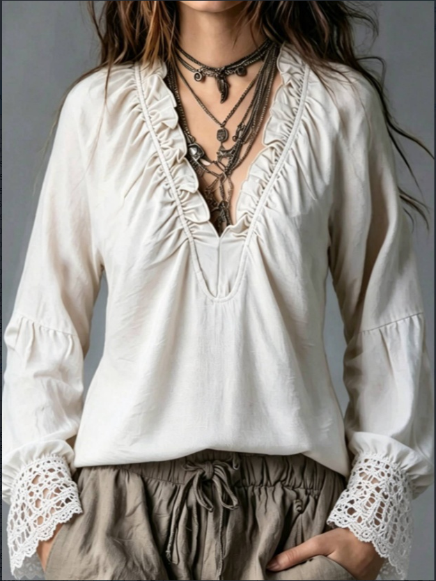 Soft Ruffle-Cut Linen Blouse – Breathable Long‑Sleeve Boho Dress Shirt