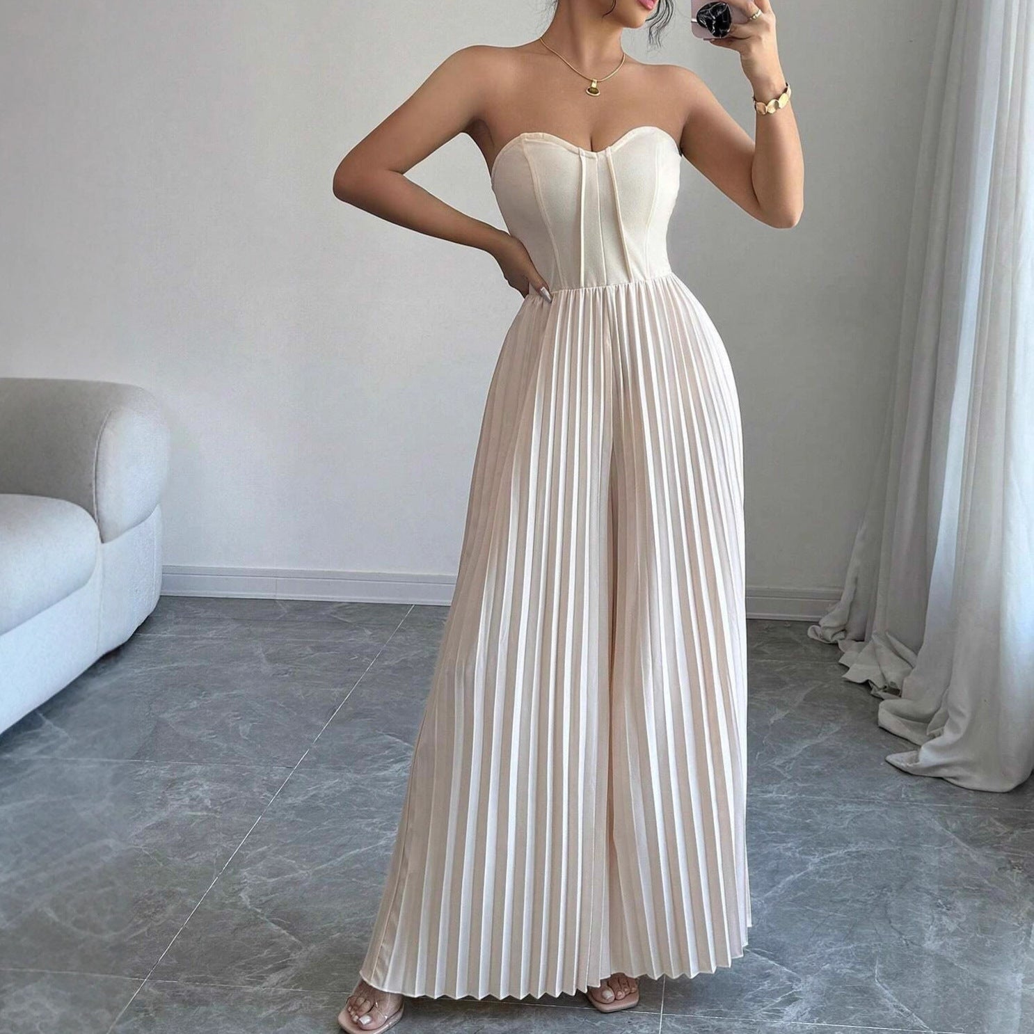 Chic Waist-Cinching Solid Tube Top Jumpsuit