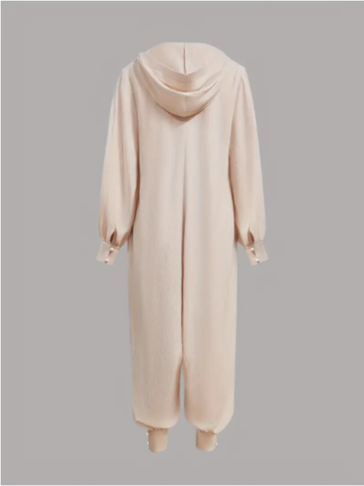Women's Casual Beige Hooded Jumpsuit with Long Sleeves