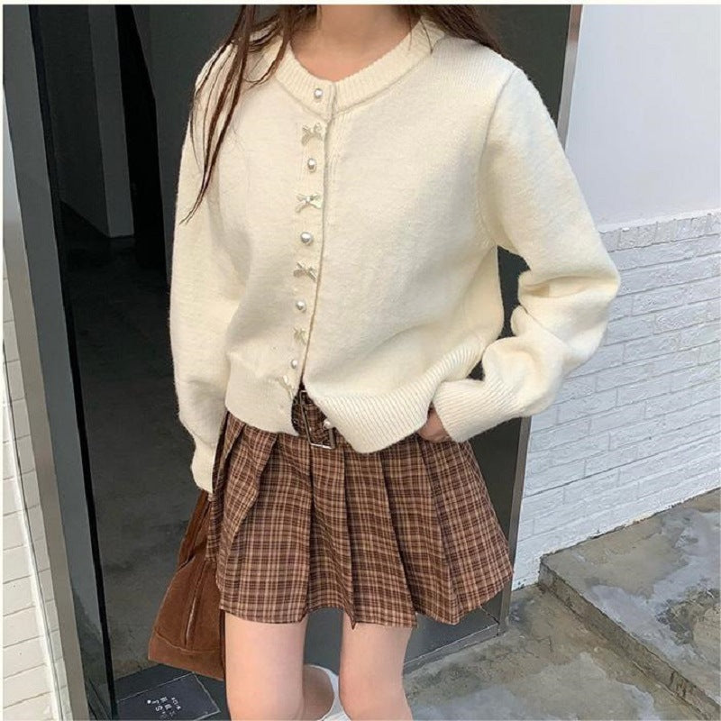 Women's Solid Color Spring and Autumn Bow Pearl Button Sweater