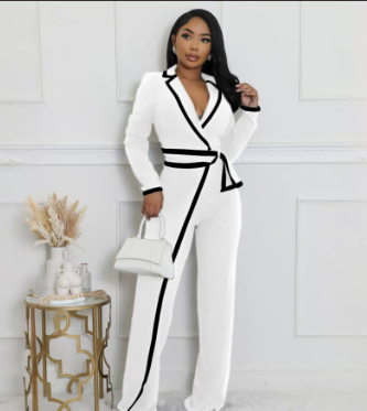 Fashion Belt Design Dual-color Patchwork Long Sleeve Jumpsuit