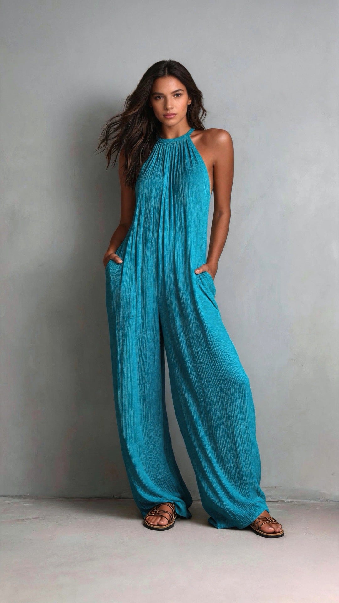 Chic Open-Back Pleated Wide-Leg Resort Jumpsuit
