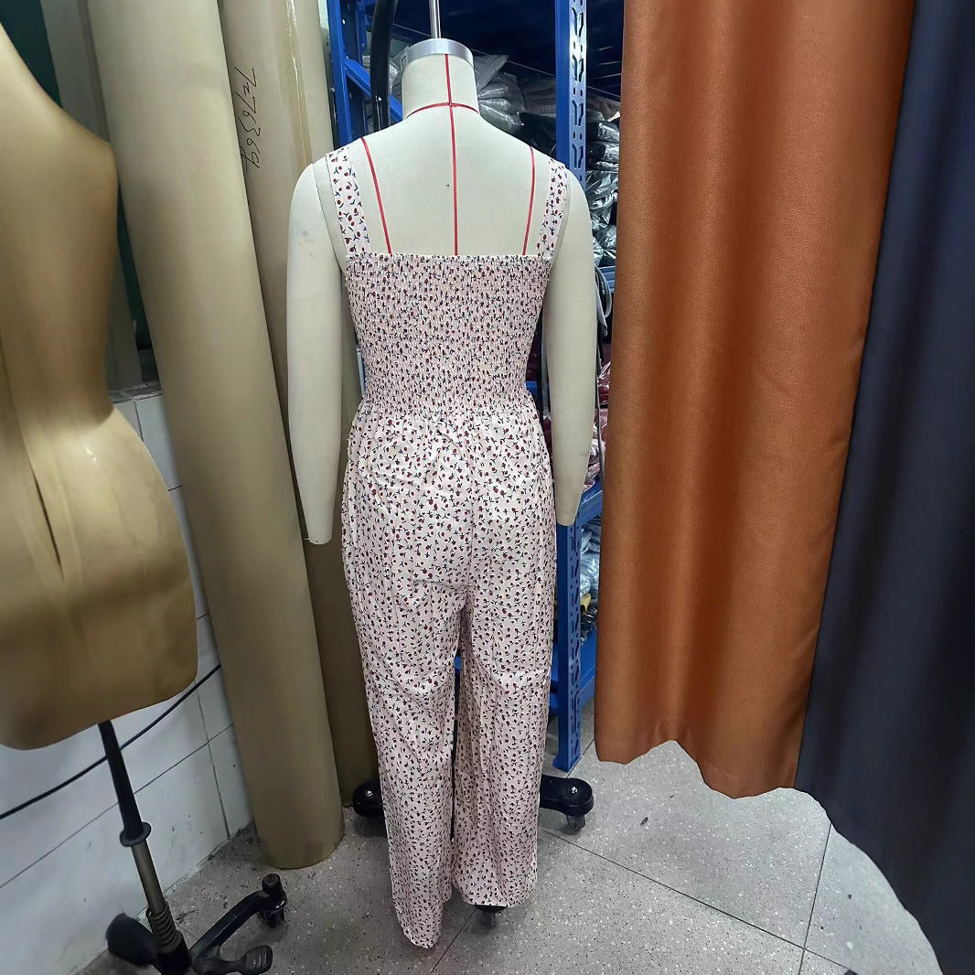 Chic Printed Pleated Pocket Overalls with Straps
