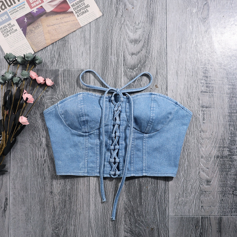Denim Tube Top with Cross‑Tie Straps – Slim Fit Shapewear for Women