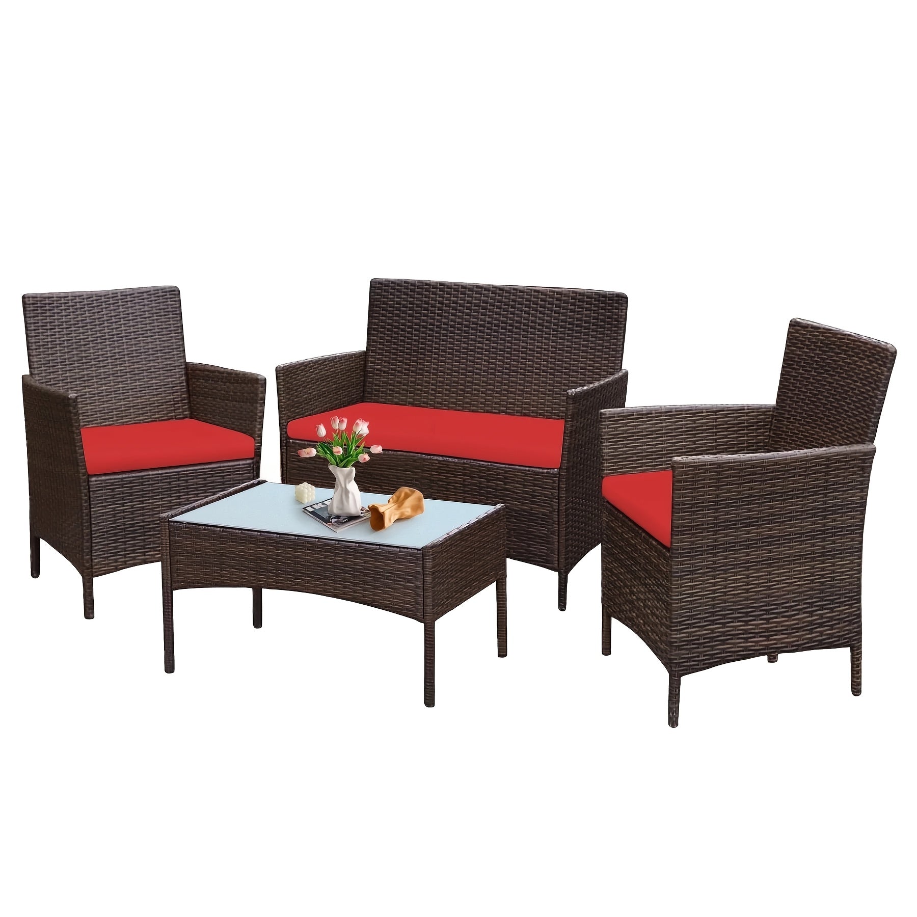 [Outdoor Patio Couch Sets] 4pcs Outdoor Patio Couch Sets, PE Rattan Patio Conversation Furniture with 2 Thick And Soft Cushion Single Chairs, an Outdoor Loveseat And a Tempered Glass Table, All Weather Chat Sofa for Garden, Backyard, Porch, Poolside
