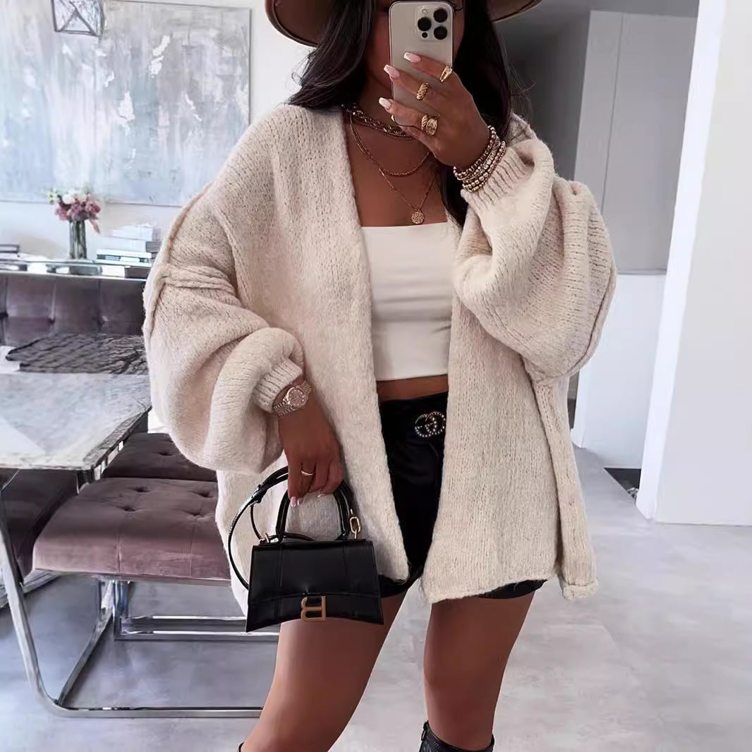 Casual Loose Solid Color Mid-length Knitted Sweater for Women