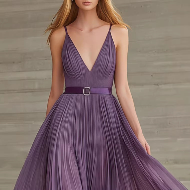 Vintage Purple Chiffon Pleated V-neck Long Dress with Belt