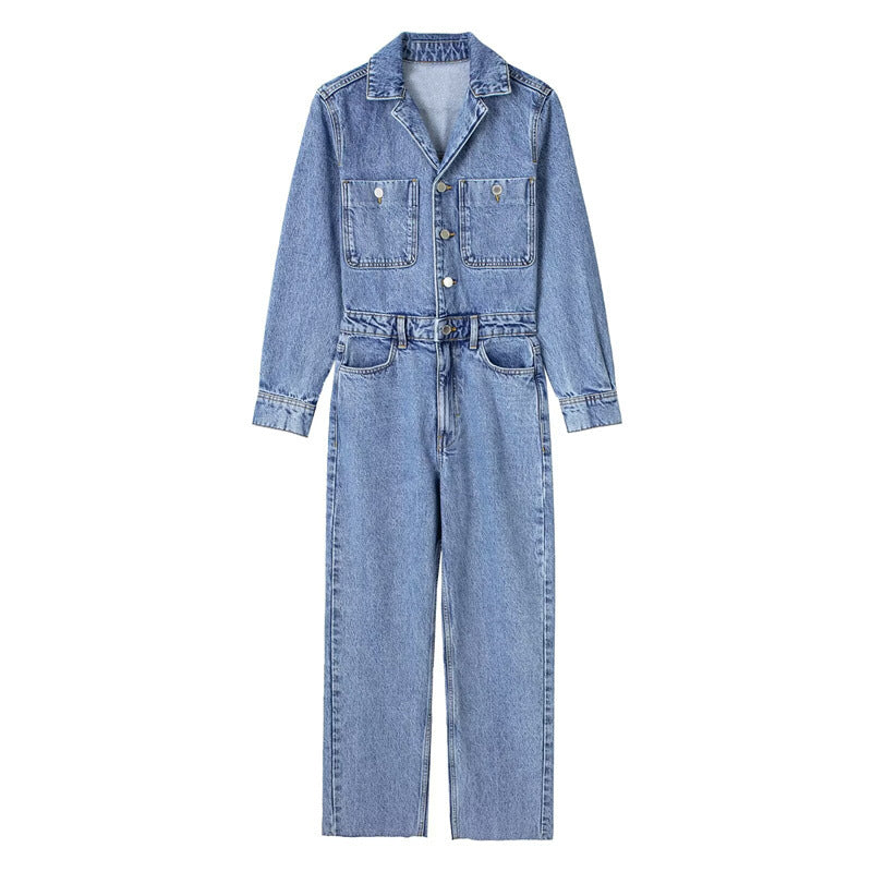 Chic Waist-Tight Straight-Leg Denim Jumpsuit
