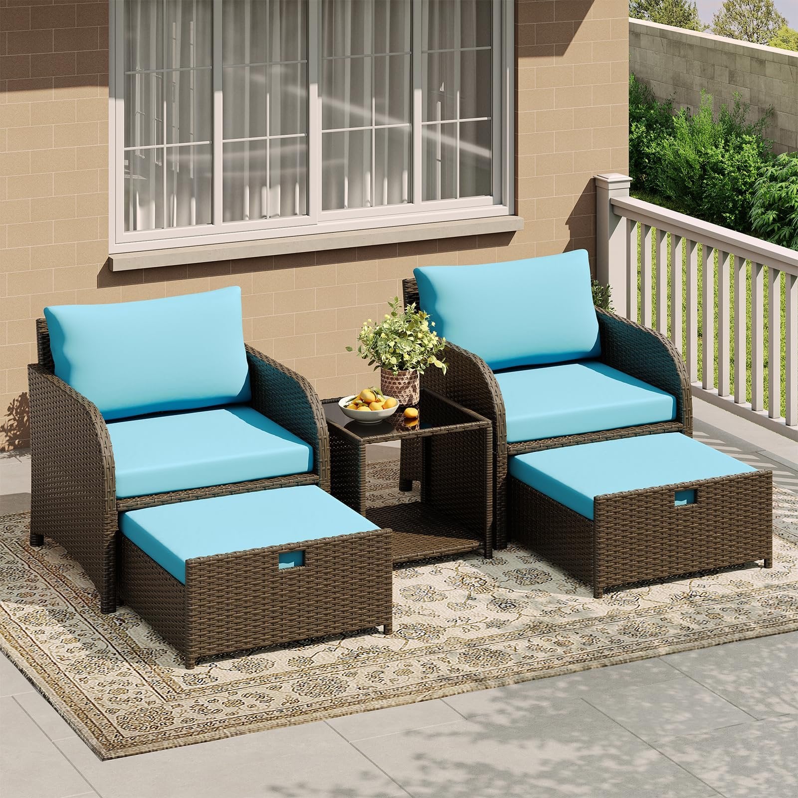 [Outdoor Rattan Sofa Set] 5pcs Outdoor Rattan Sofa Set All-Weather Wicker Patio Furniture With Tempered Glass Coffee Table, Lounge Chairs, Ottomans, Thick Cushions Perfect For Garden, Backyard, Porch