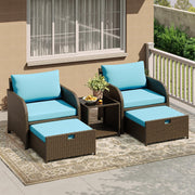 [Outdoor Rattan Sofa Set] 5pcs Outdoor Rattan Sofa Set All-Weather Wicker Patio Furniture With Tempered Glass Coffee Table, Lounge Chairs, Ottomans, Thick Cushions Perfect For Garden, Backyard, Porch