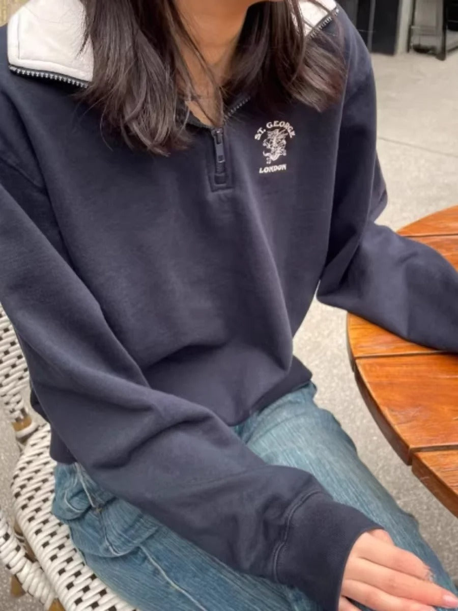 Vintage Embroidered Half-Zip Stand Collar Women's Sweater