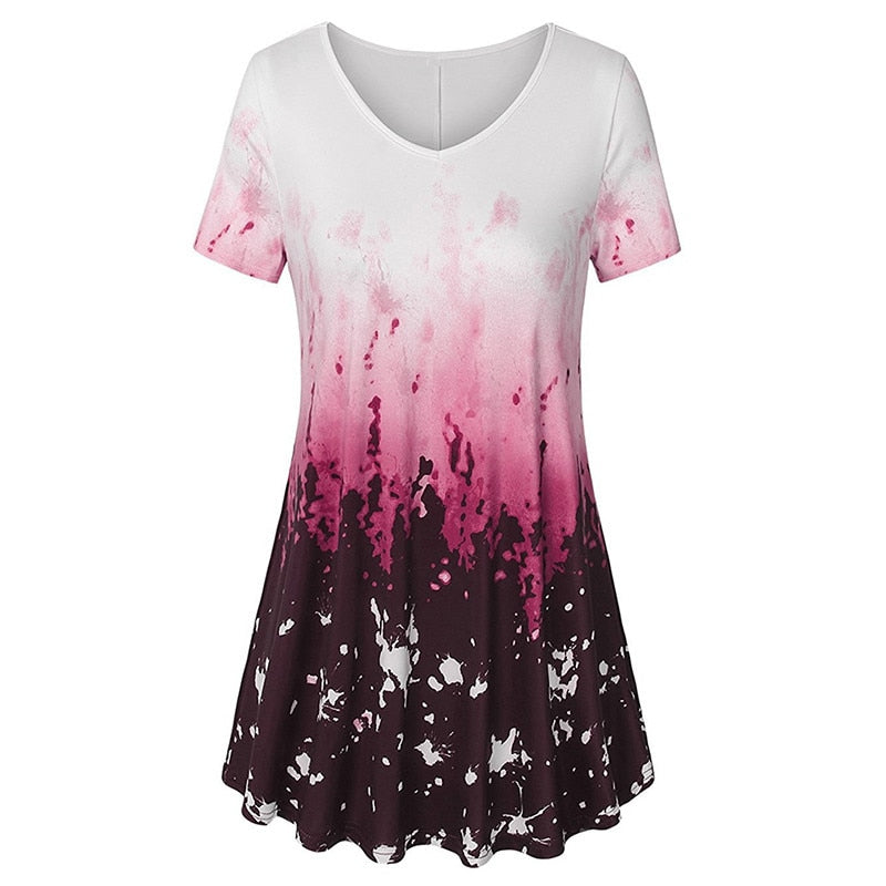 Summer Women Vintage Print Long T Shirt Ladies Short Sleeve V Neck Female Tee Top Casual Loose Tops Plus Size 5XL 6 Color