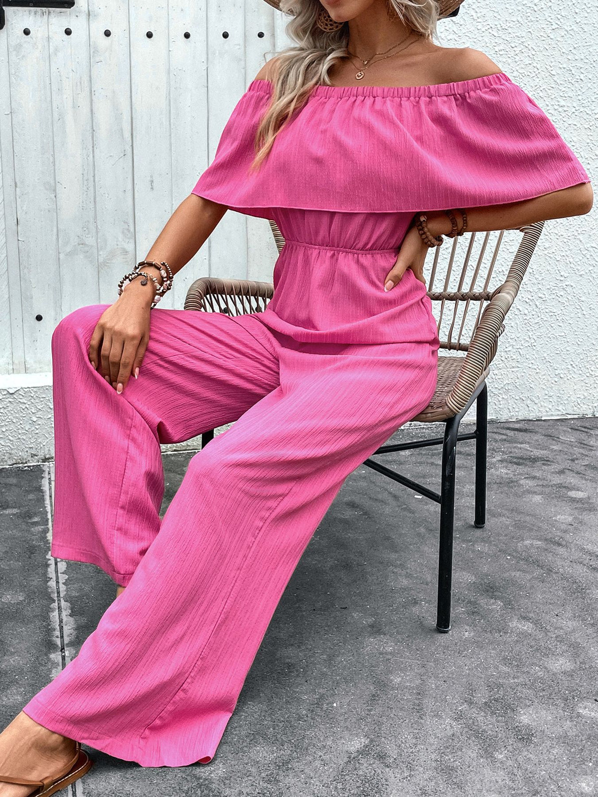 Chic Off-Shoulder Solid Color Casual Jumpsuit